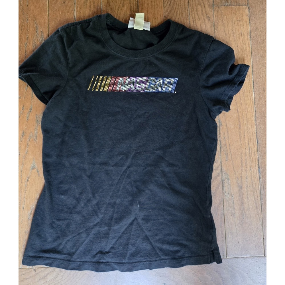 VTG Y2K Womens NASCAR Bedazzled Baby Tee Size Small Black Rare